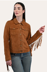Women’s Medium Brown Nash Fringed Suede Trucker Jacket Frye USA