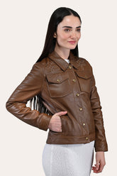 Women’s Medium Brown Callum Trucker Leather Jacket Frye Near me