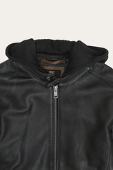 Men’s Black Saddle Racer Leather Hooded Jacket Frye USA
