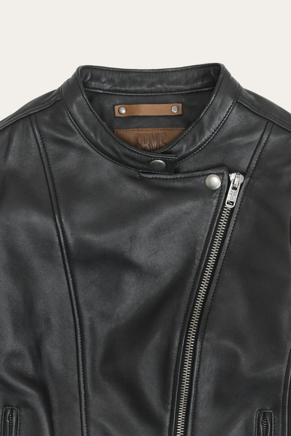 Women’s Black Heathe Leather Racer Jacket Frye Sale