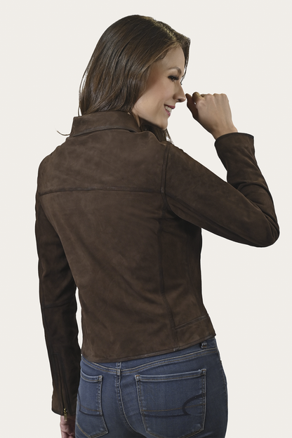 Women’s Dark Brown Clive Elegant Suede Biker Jacket Frye On sale