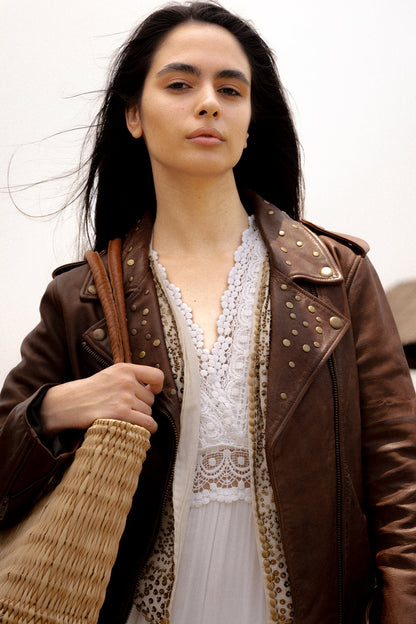 Women’s Tobacco Linc Biker Leather Jacket Frye For Sale