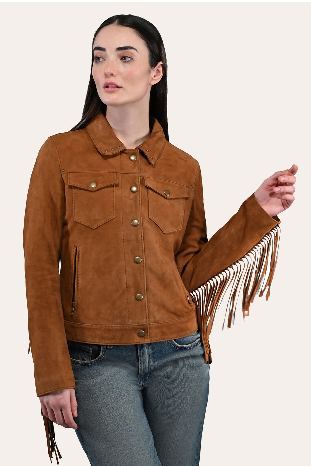 Women’s Medium Brown Nash Fringed Suede Trucker Jacket Frye USA