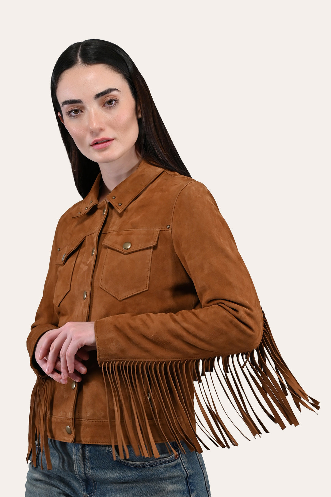 Women’s Medium Brown Nash Fringed Suede Trucker Jacket Frye USA