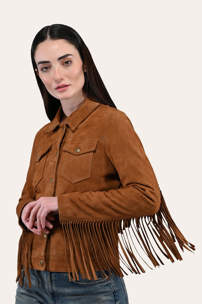 Women’s Medium Brown Nash Fringed Suede Trucker Jacket Frye USA