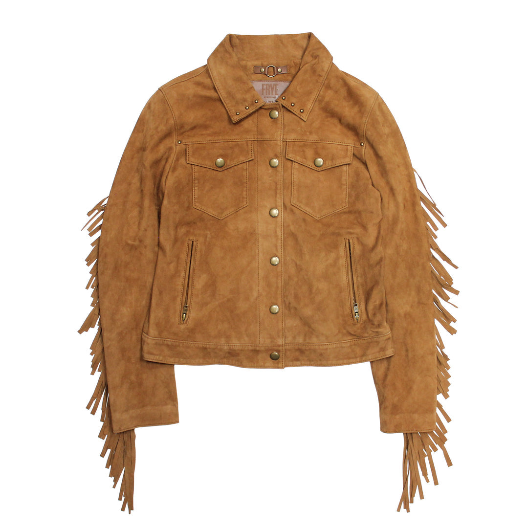 Women’s Medium Brown Nash Fringed Suede Trucker Jacket Frye USA