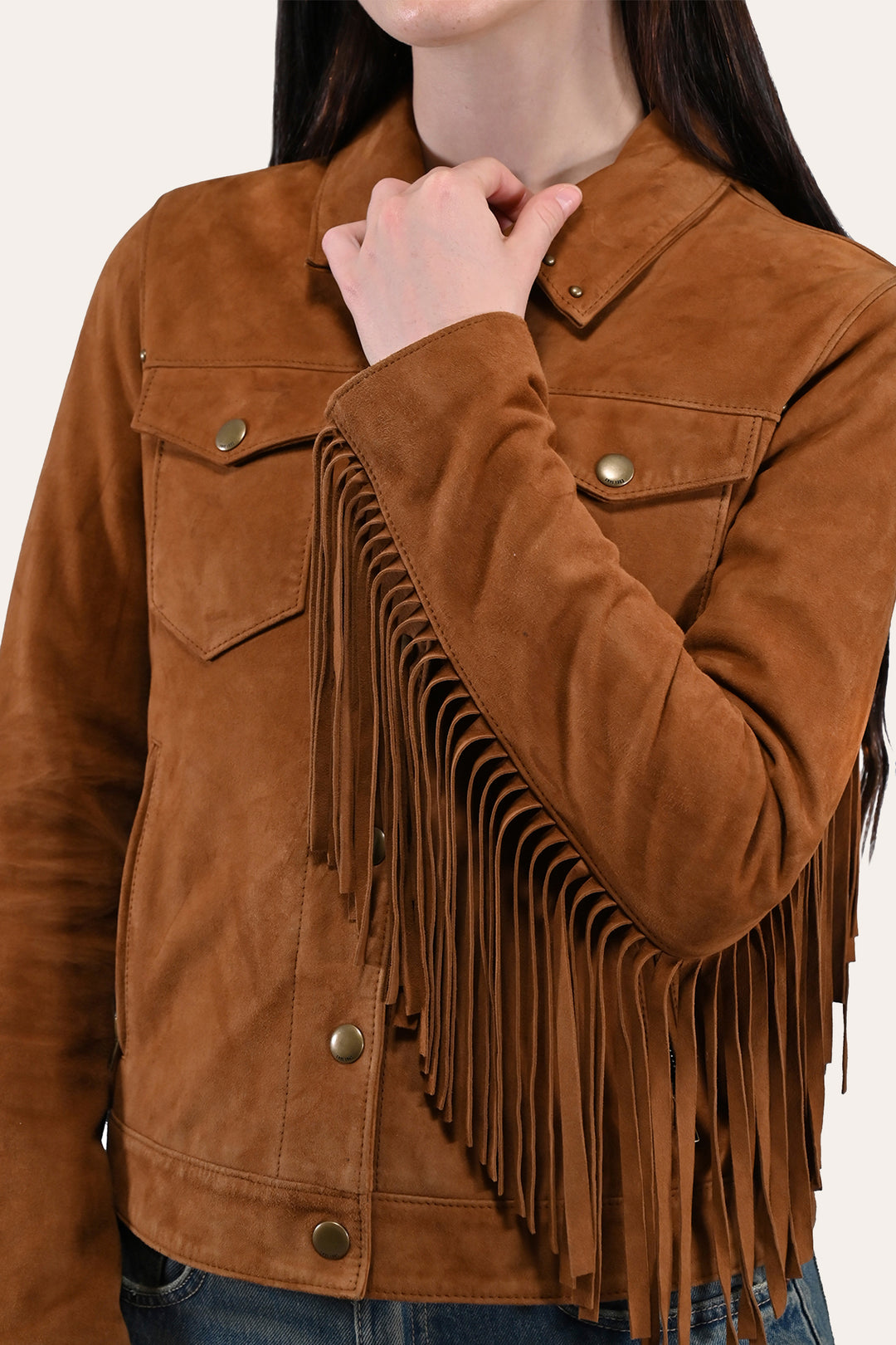 Women’s Medium Brown Nash Fringed Suede Trucker Jacket Frye USA