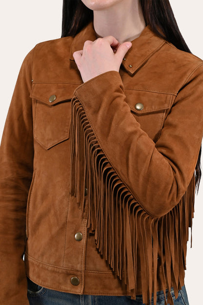 Women’s Medium Brown Nash Fringed Suede Trucker Jacket Frye USA