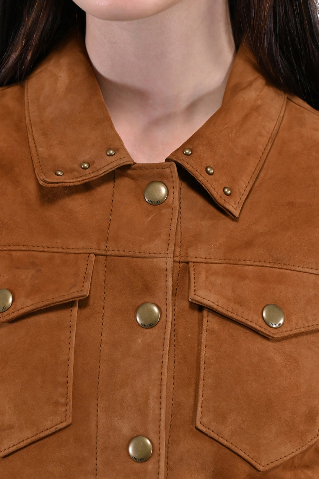 Women’s Medium Brown Nash Fringed Suede Trucker Jacket Frye USA