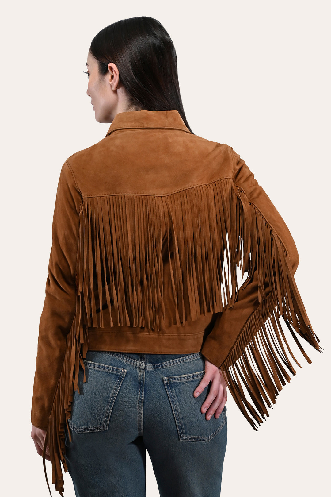 Women’s Medium Brown Nash Fringed Suede Trucker Jacket Frye USA