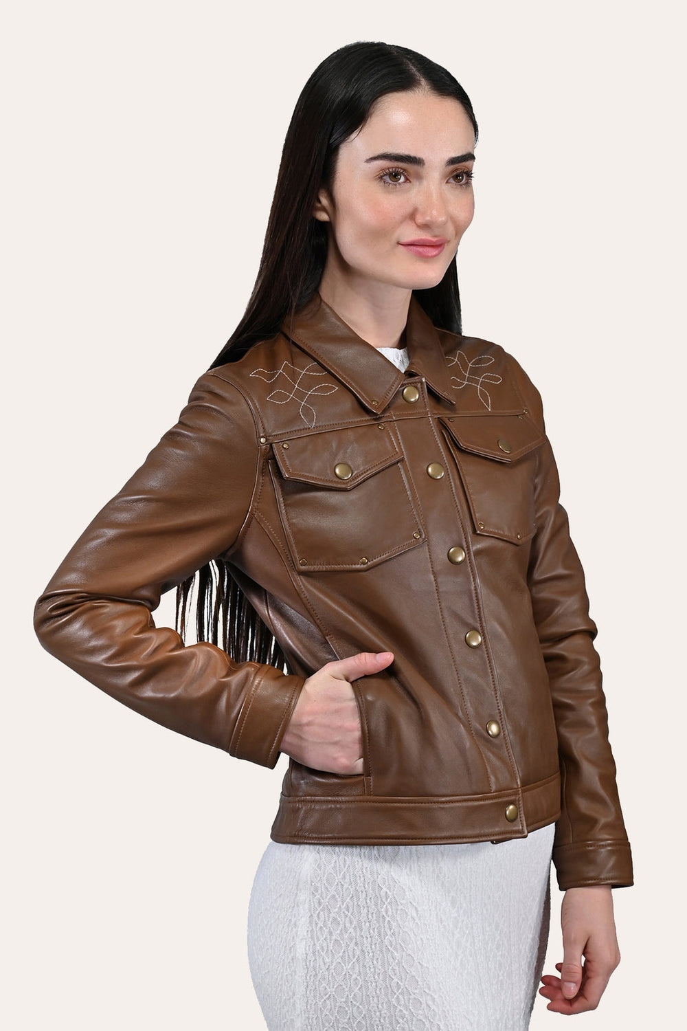 Women’s Medium Brown Callum Trucker Leather Jacket Frye Near me