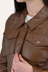Women’s Medium Brown Callum Trucker Leather Jacket Frye Near me