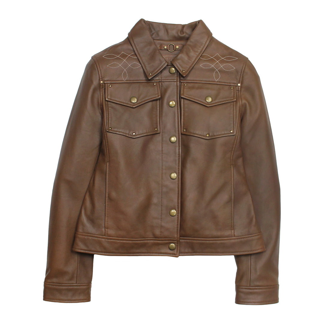 Women’s Medium Brown Callum Trucker Leather Jacket Frye Near me