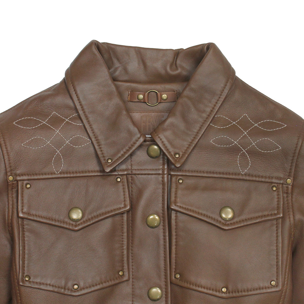 Women’s Medium Brown Callum Trucker Leather Jacket Frye Near me