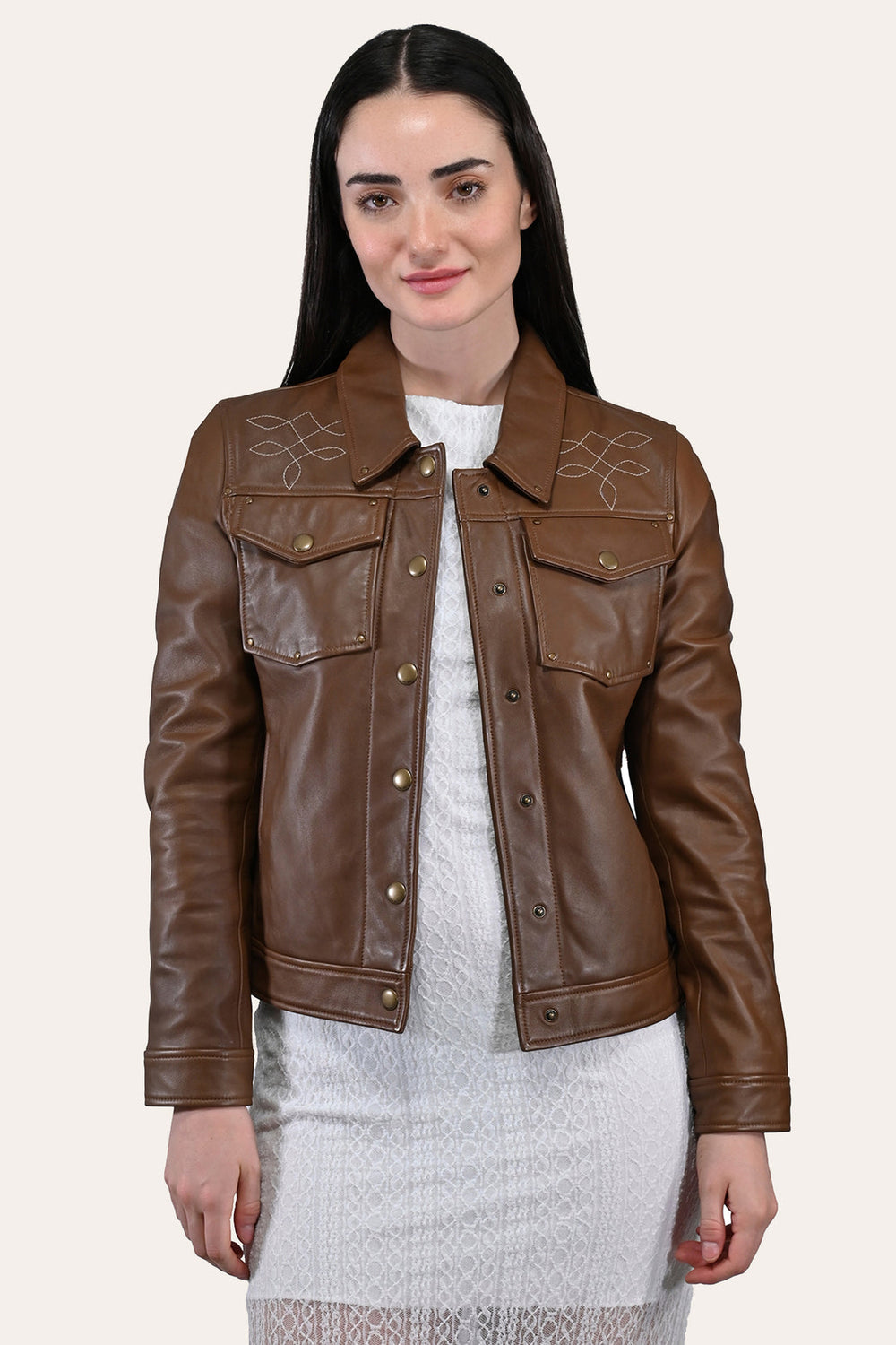 Women’s Medium Brown Callum Trucker Leather Jacket Frye Near me