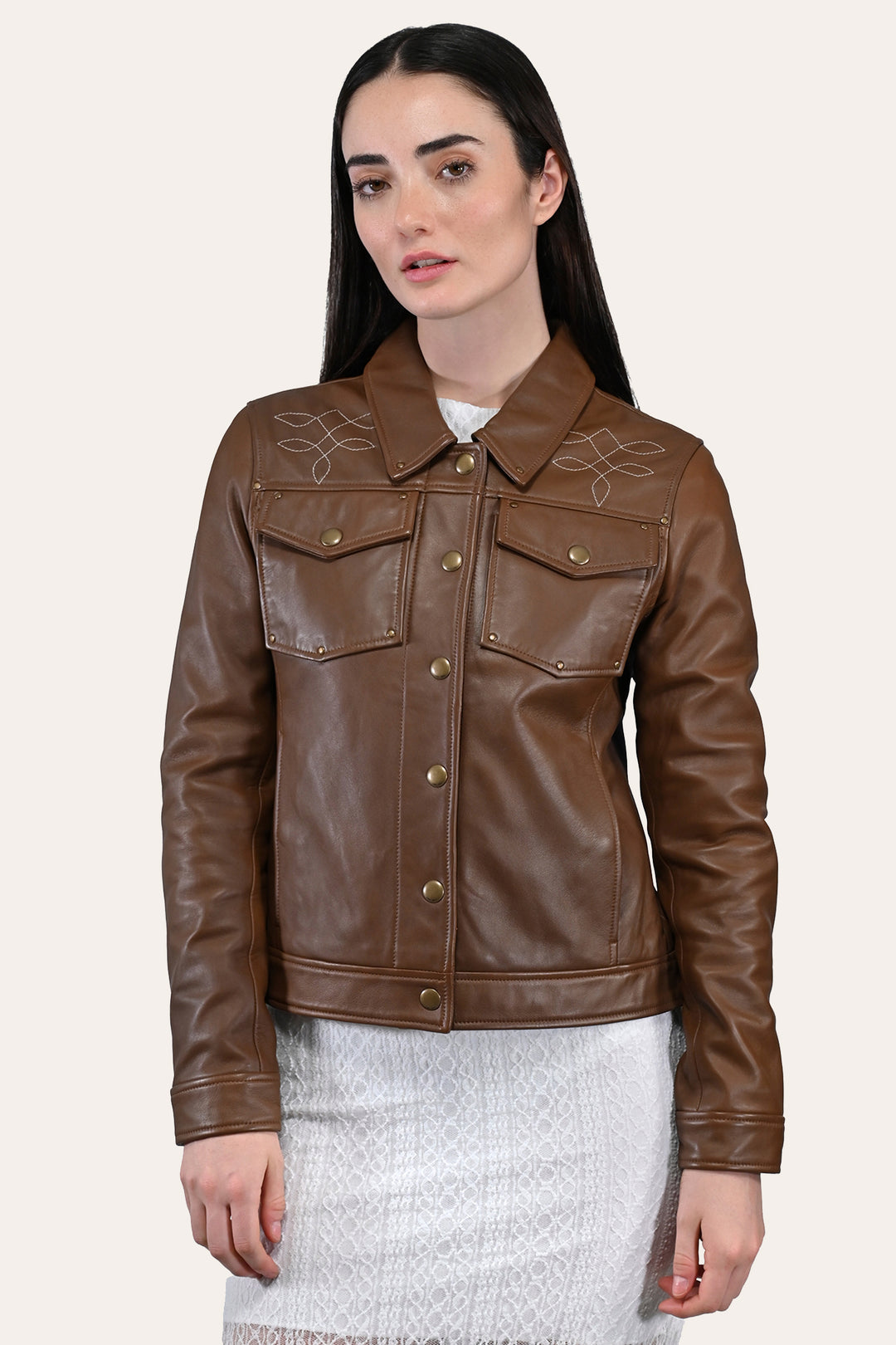Women’s Medium Brown Callum Trucker Leather Jacket Frye Near me