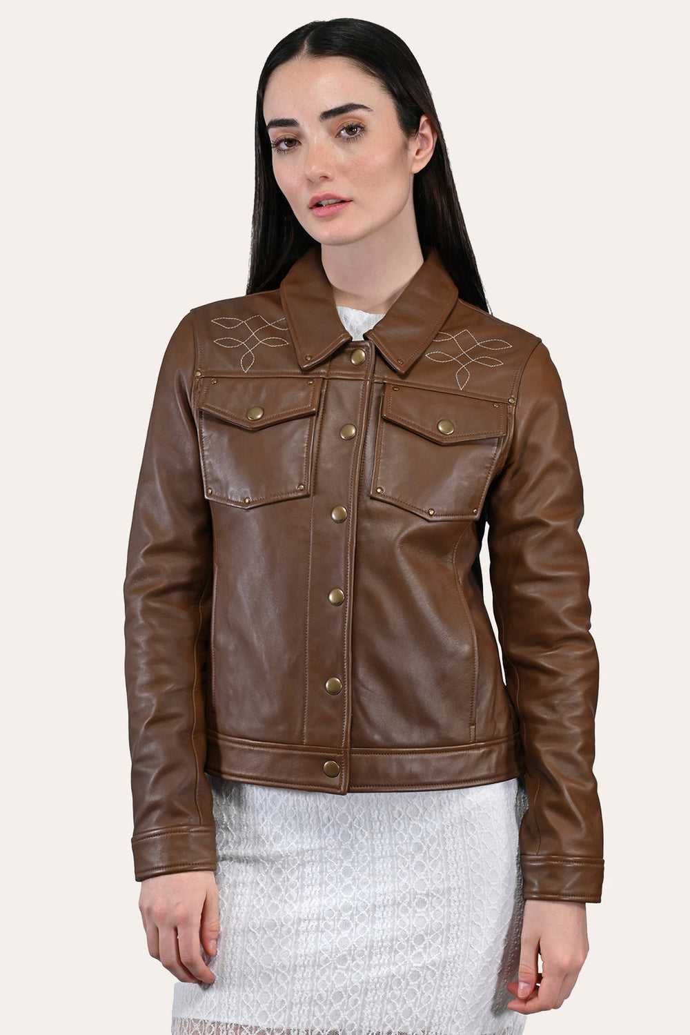 Women’s Medium Brown Callum Trucker Leather Jacket Frye Near me