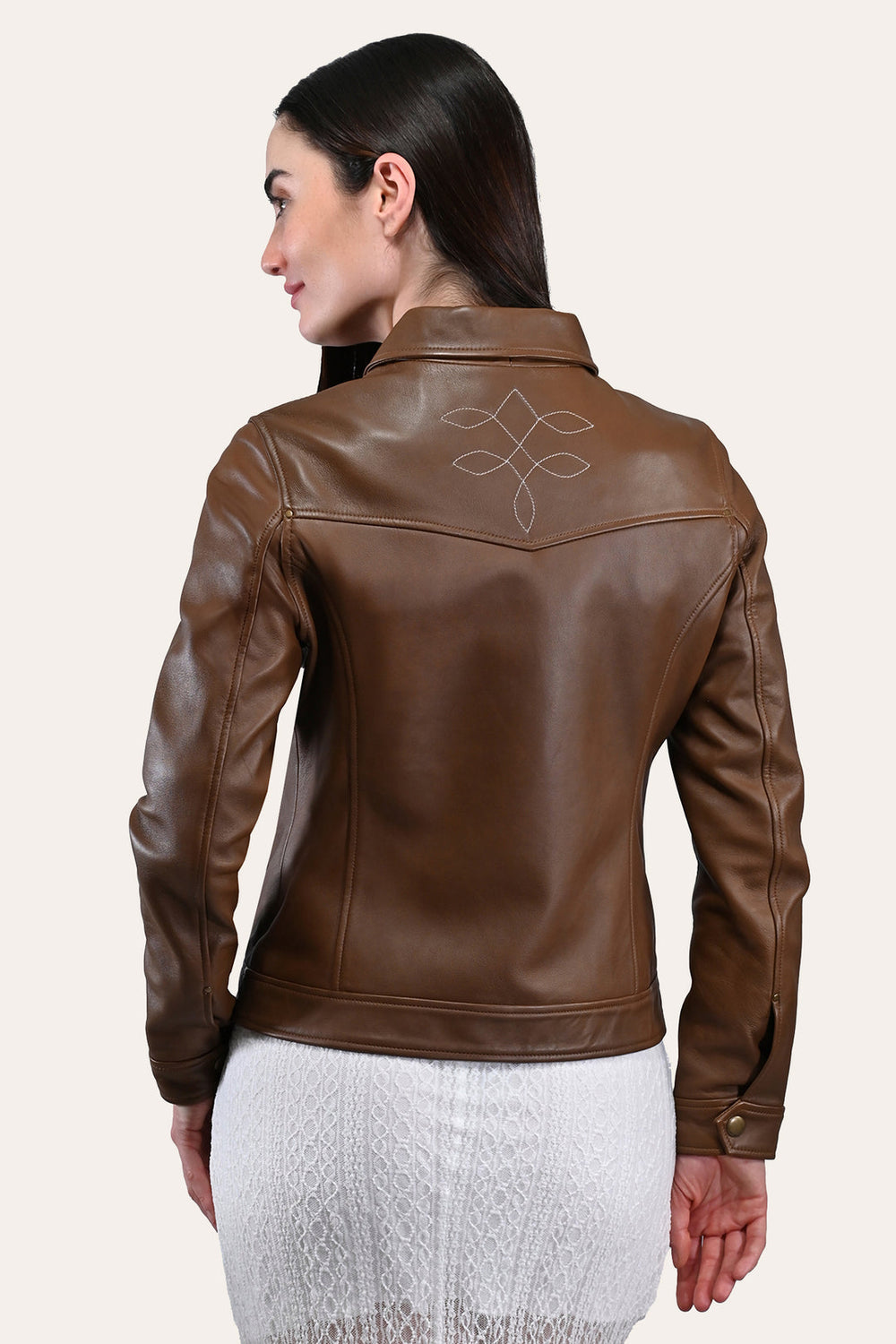 Women’s Medium Brown Callum Trucker Leather Jacket Frye Near me