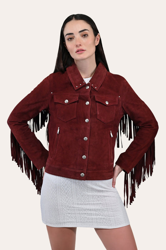 Women’s Oxblood Nash Trucker Suede Jacket Frye