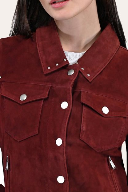 Women’s Oxblood Nash Trucker Suede Jacket Frye