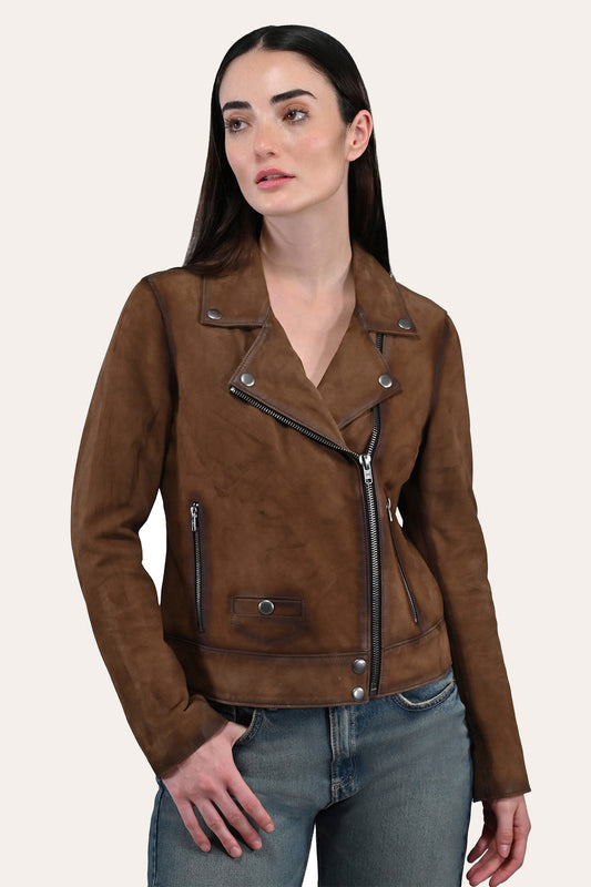 Women’s Dark Taupe Oakley Vintage Suede Biker Jacket Frye Discount