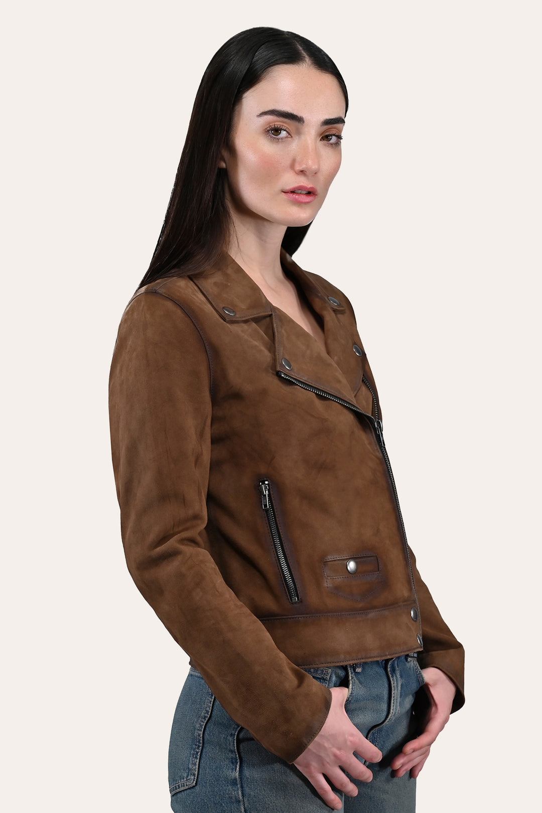 Women’s Dark Taupe Oakley Vintage Suede Biker Jacket Frye Discount