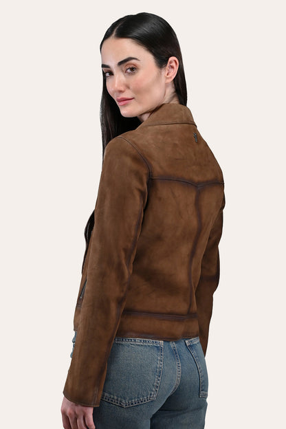 Women’s Dark Taupe Oakley Vintage Suede Biker Jacket Frye Discount
