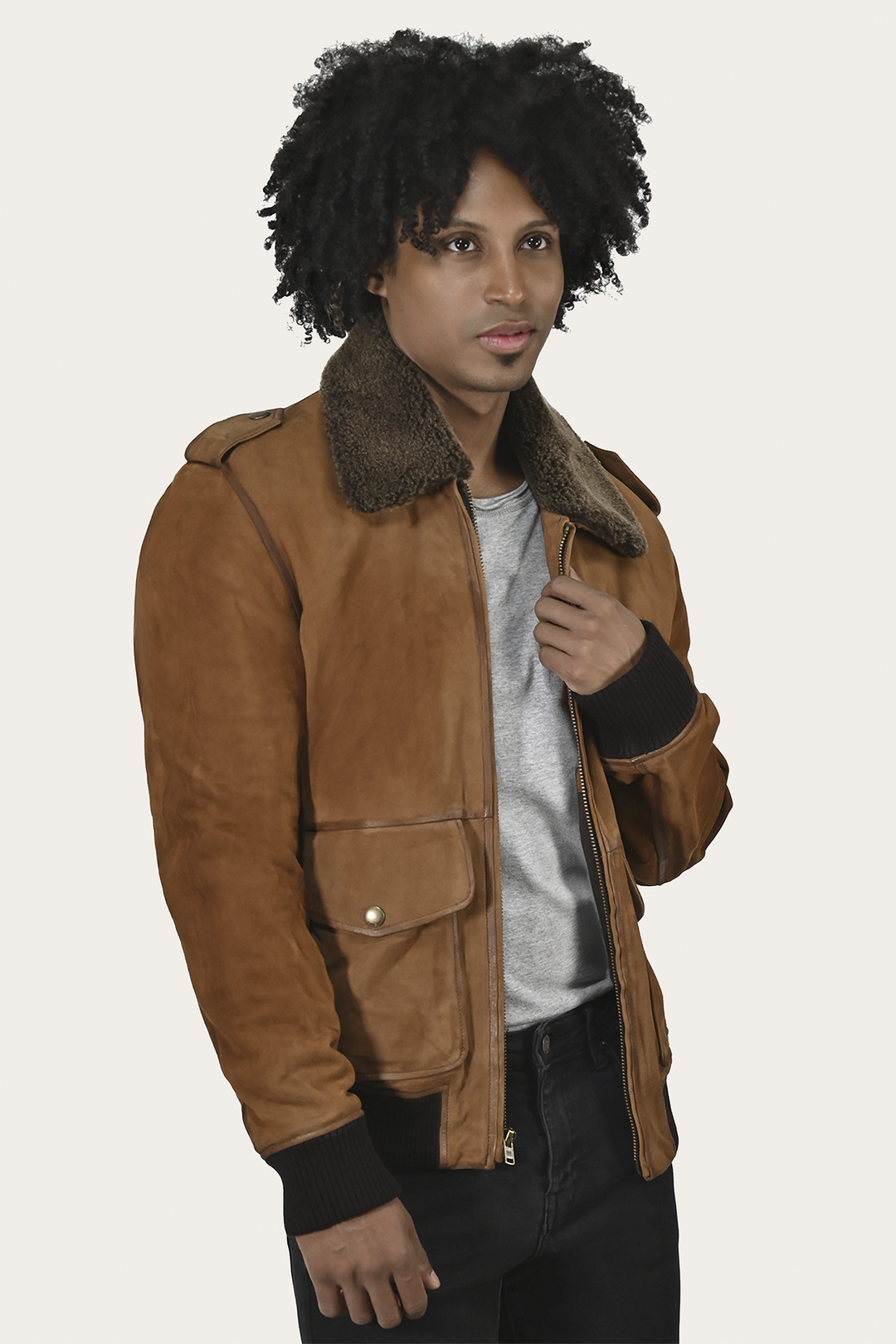 Men’s Middle Brown Jethro Shearling Flight Suede Jacket Frye For Sale