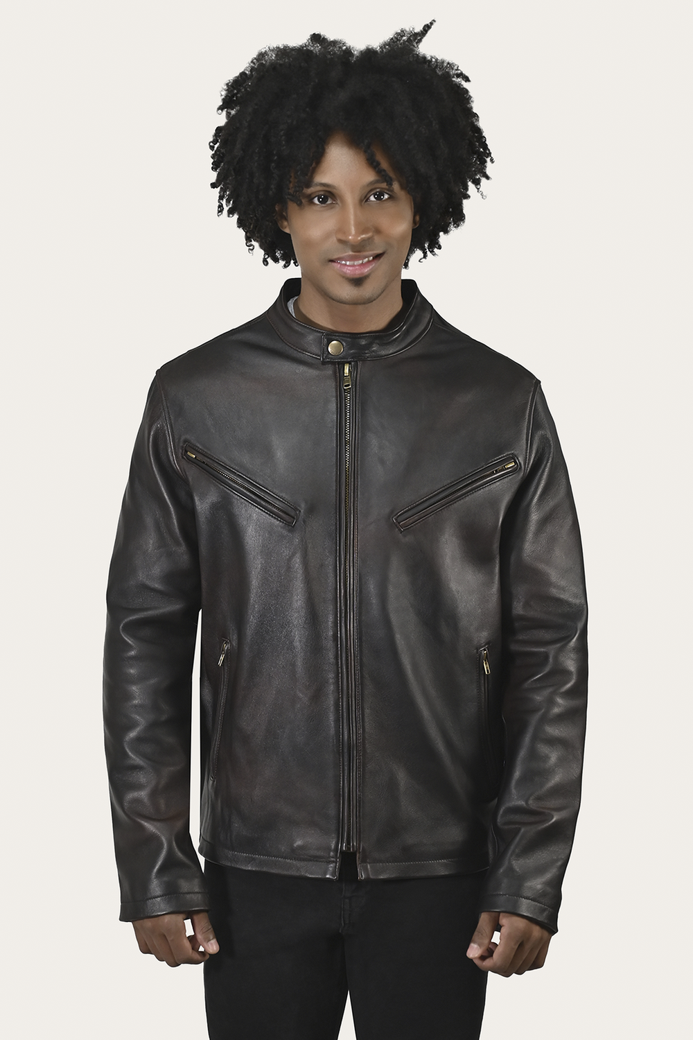 Men’s Cognac Black Huck Cowhide Racer Leather Jacket Frye USA