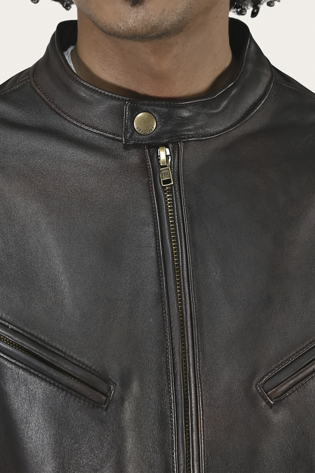 Men’s Cognac Black Huck Cowhide Racer Leather Jacket Frye USA