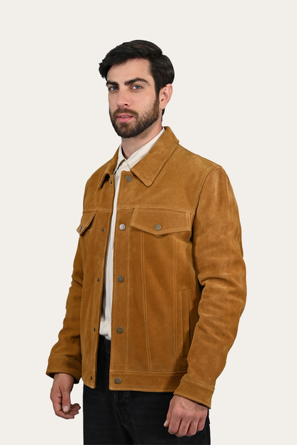 Men’s Tan Trailblazer Trucker Suede Jacket Frye Outlet