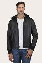 Men’s Black Saddle Racer Leather Hooded Jacket Frye USA
