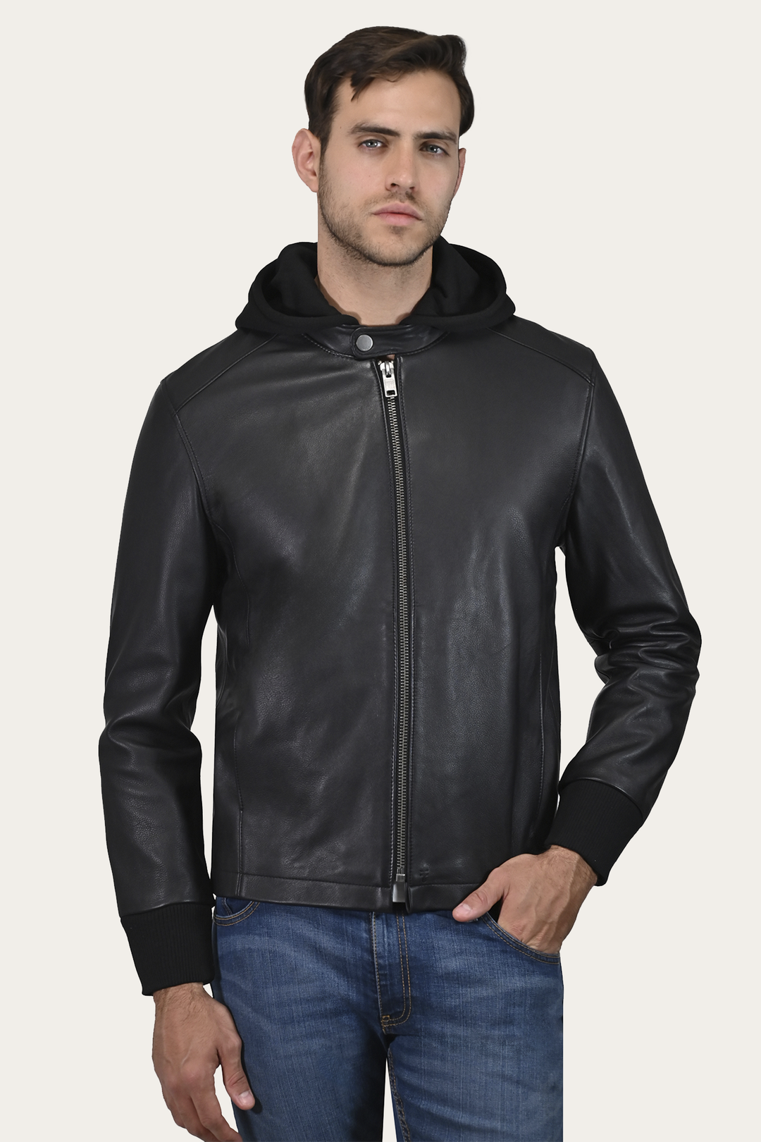 Men’s Black Saddle Racer Leather Hooded Jacket Frye USA