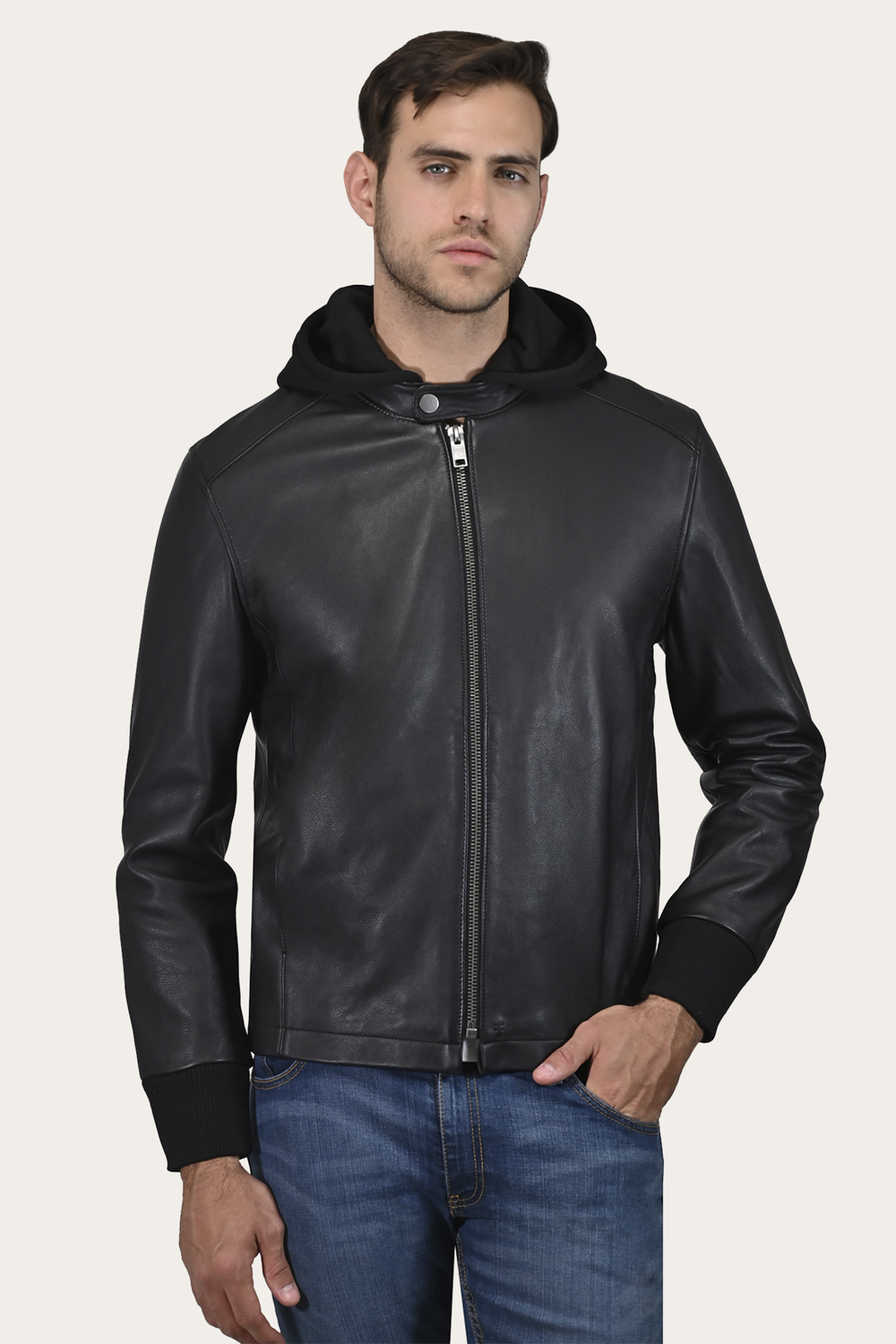 Men’s Black Saddle Racer Leather Hooded Jacket Frye USA