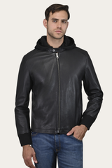 Men’s Black Saddle Racer Leather Hooded Jacket Frye USA
