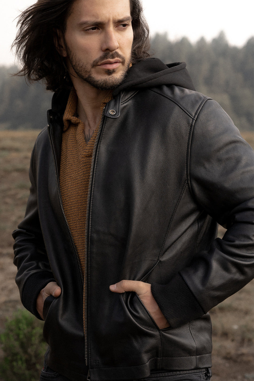 Men’s Black Saddle Racer Leather Hooded Jacket Frye USA