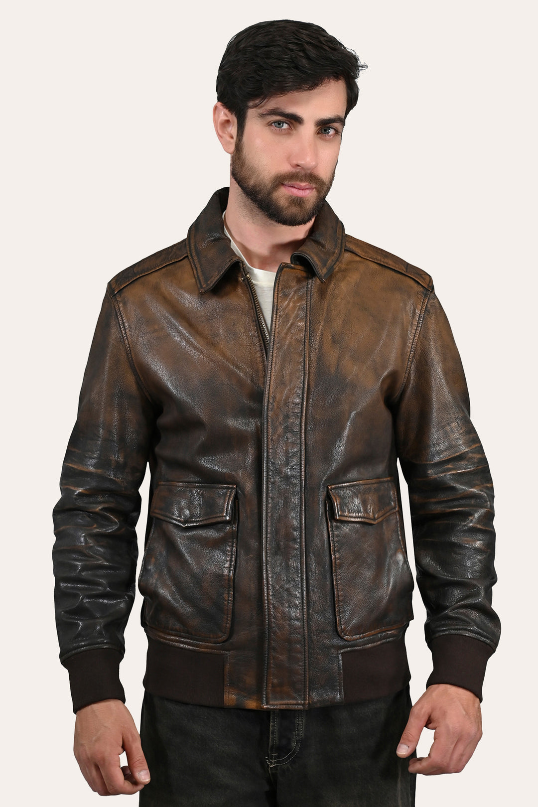 Men’s Brown Beige Nebraska Bomber Leather Jacket Frye Near me