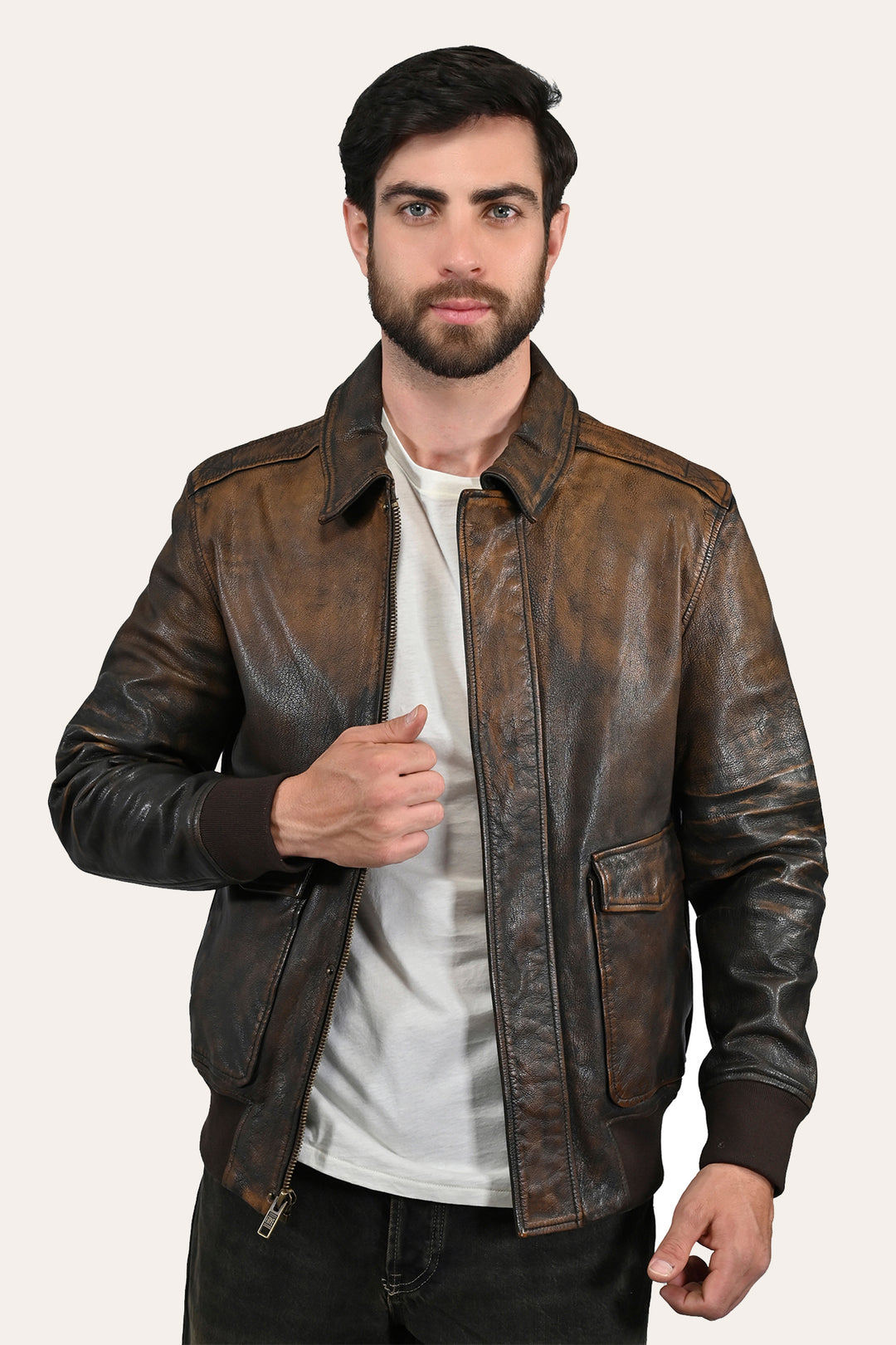 Men’s Brown Beige Nebraska Bomber Leather Jacket Frye Near me
